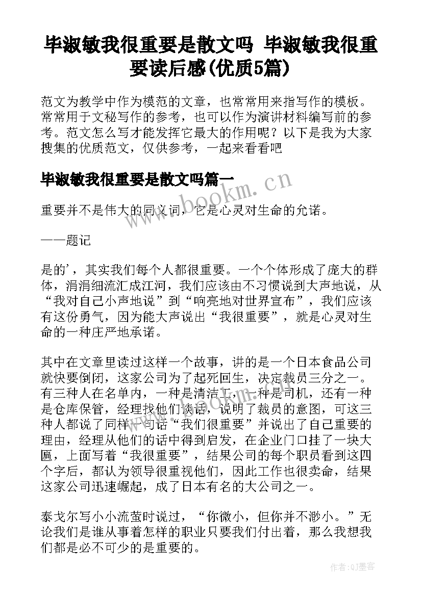 毕淑敏我很重要是散文吗 毕淑敏我很重要读后感(优质5篇)