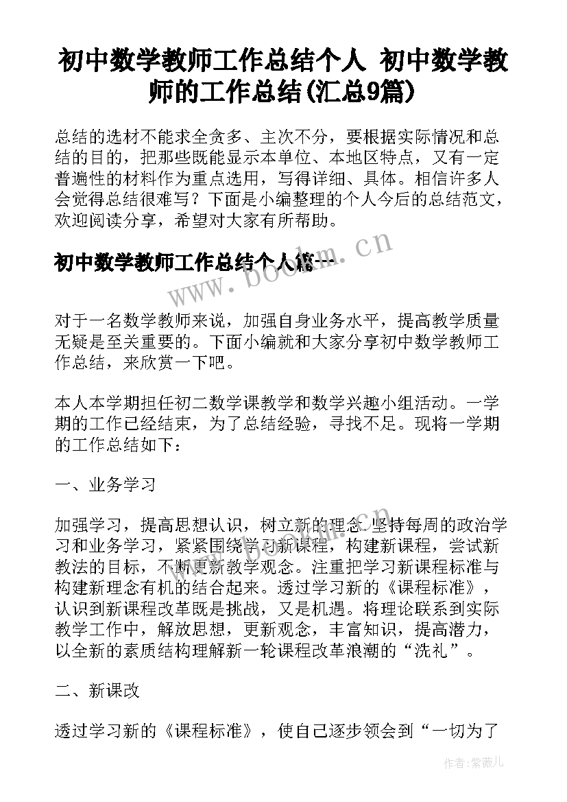 初中数学教师工作总结个人 初中数学教师的工作总结(汇总9篇)