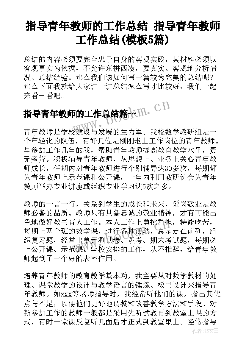 指导青年教师的工作总结 指导青年教师工作总结(模板5篇)