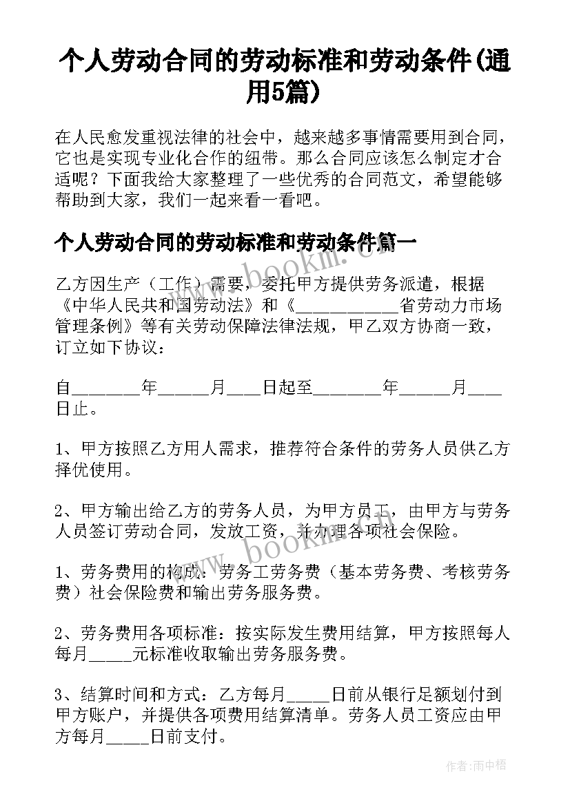 个人劳动合同的劳动标准和劳动条件(通用5篇)