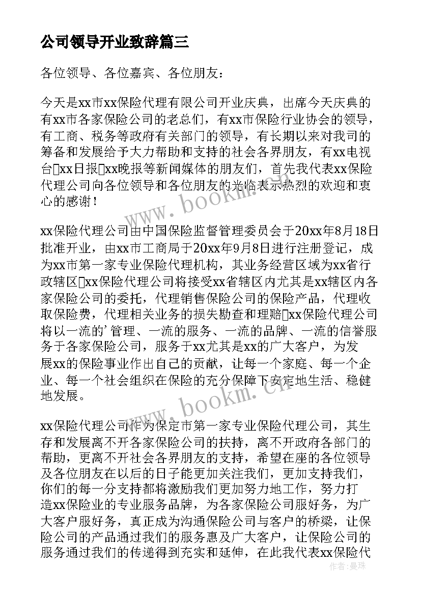 公司领导开业致辞 公司开业领导致辞(实用8篇)