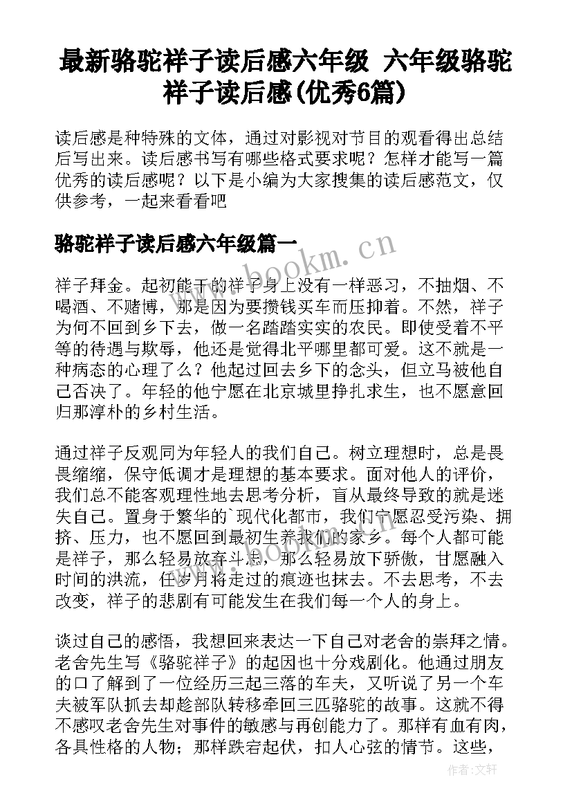 最新骆驼祥子读后感六年级 六年级骆驼祥子读后感(优秀6篇)