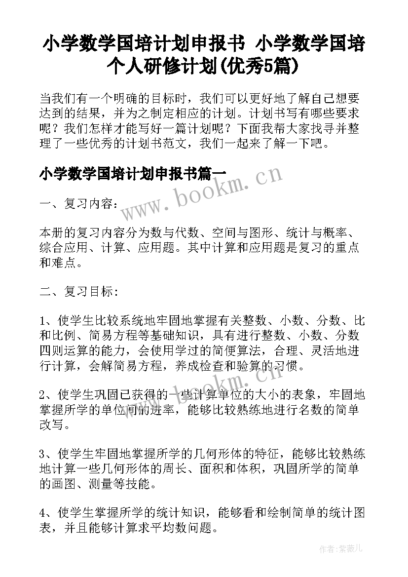 小学数学国培计划申报书 小学数学国培个人研修计划(优秀5篇)