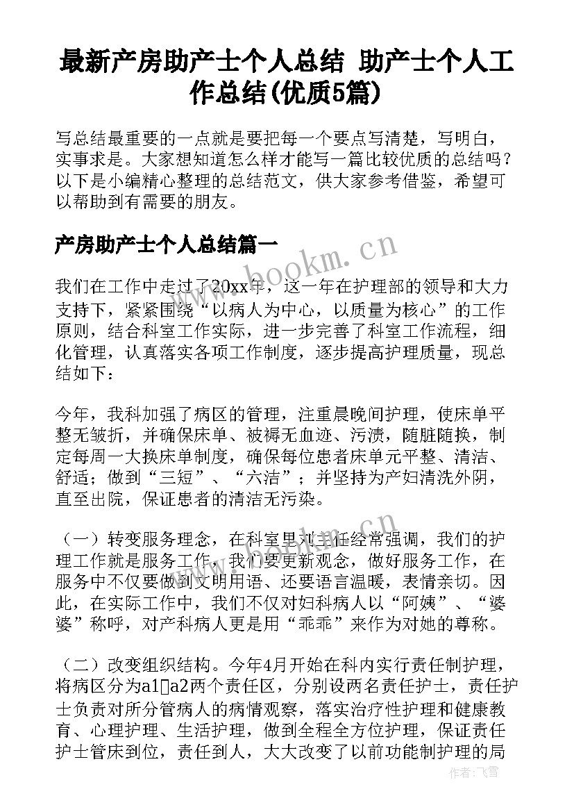 最新产房助产士个人总结 助产士个人工作总结(优质5篇)