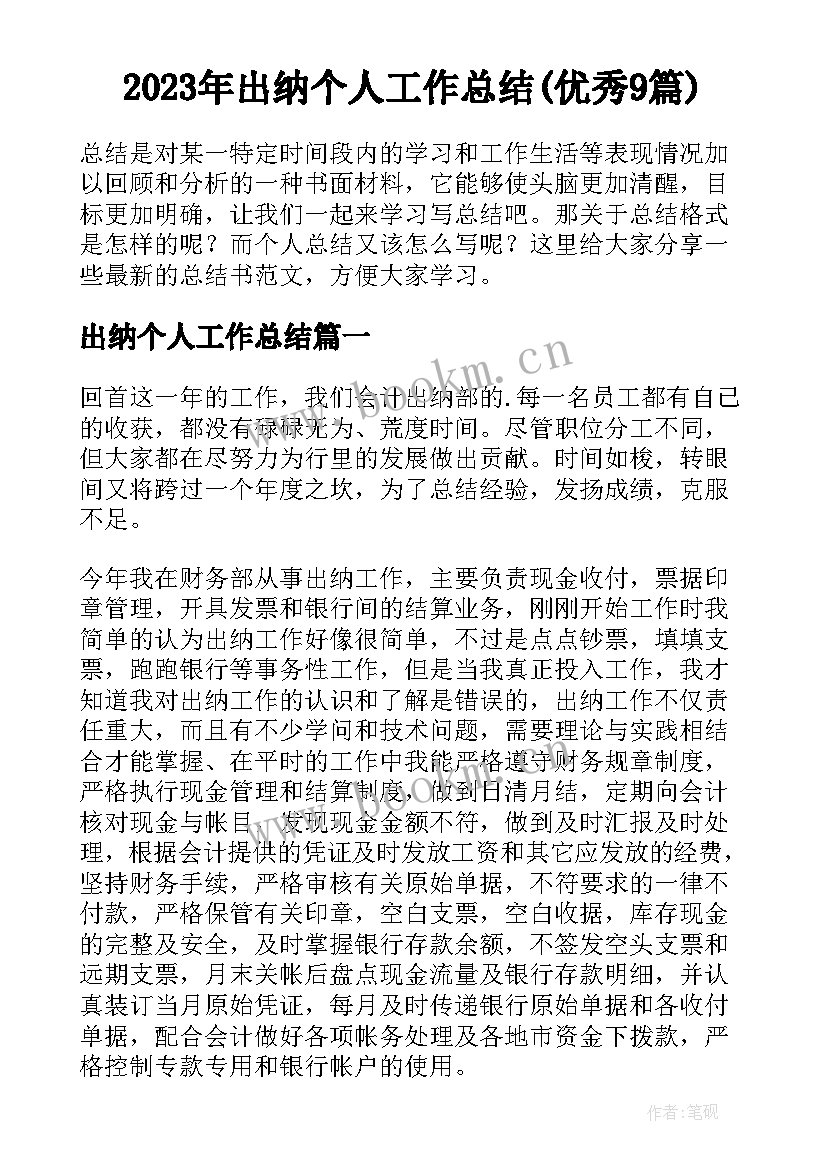 2023年出纳个人工作总结(优秀9篇)