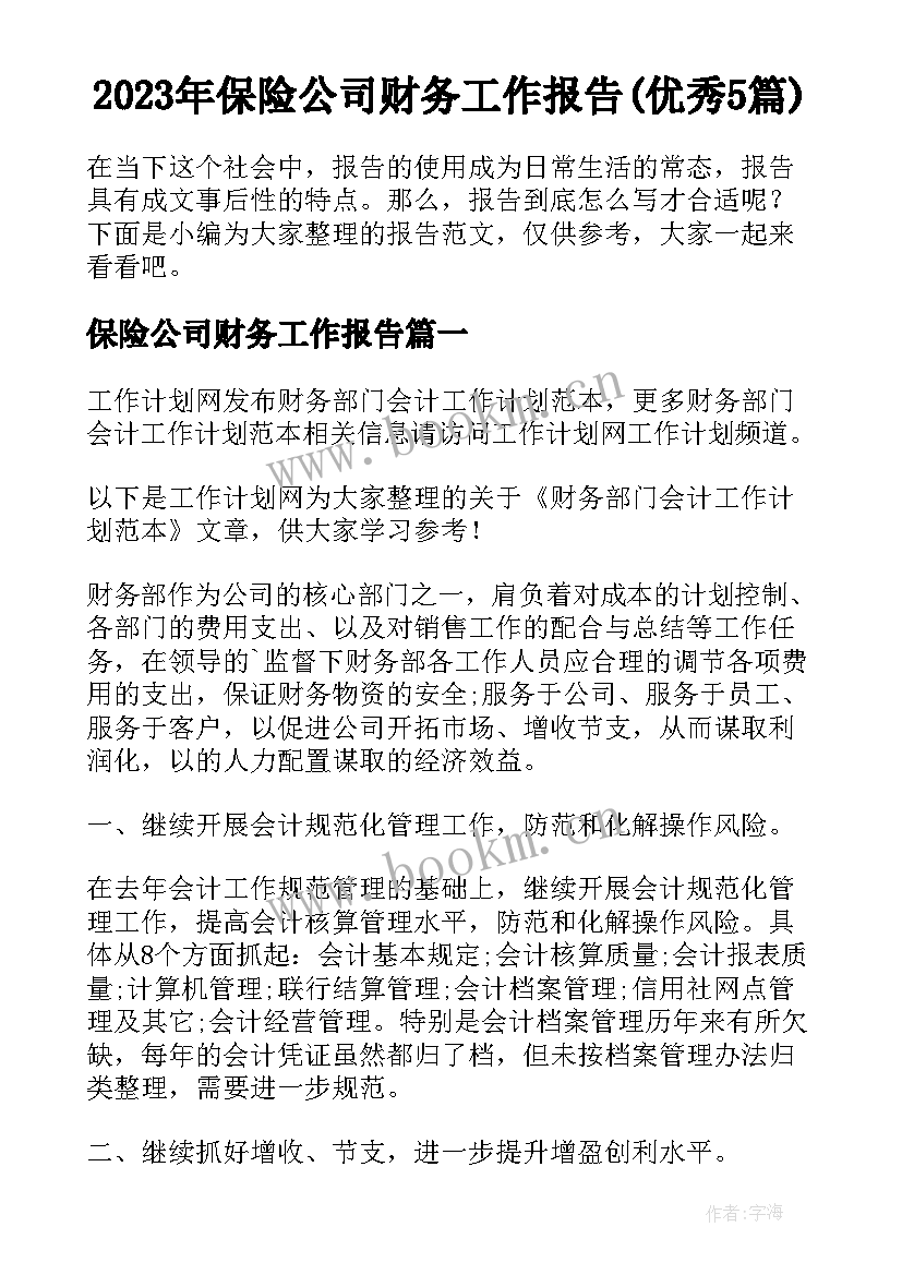 2023年保险公司财务工作报告(优秀5篇)