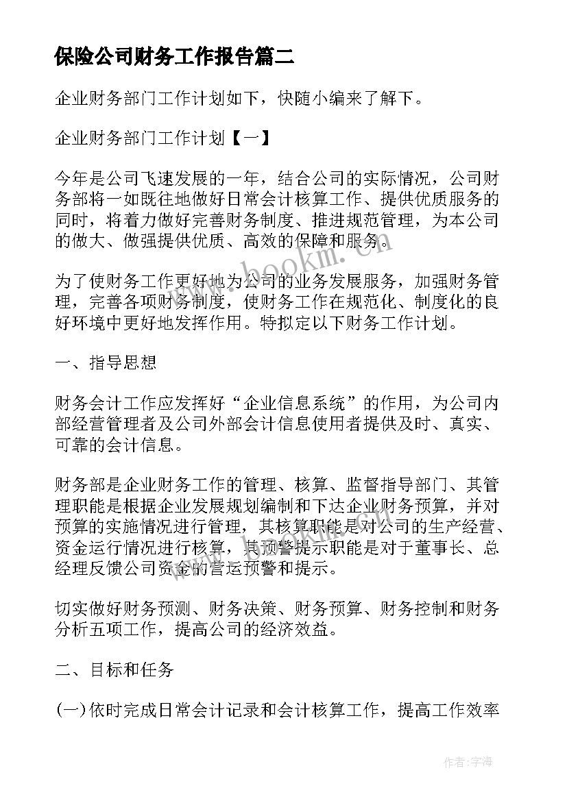 2023年保险公司财务工作报告(优秀5篇)