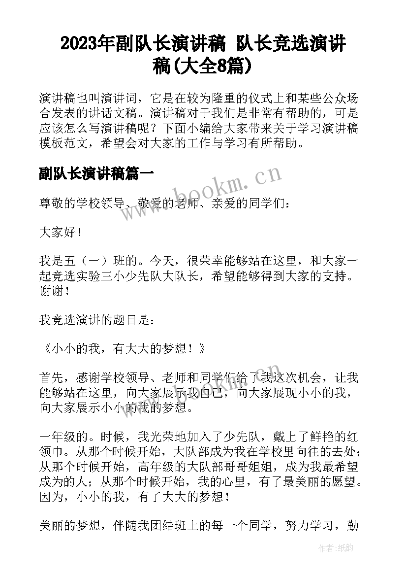 2023年副队长演讲稿 队长竞选演讲稿(大全8篇)