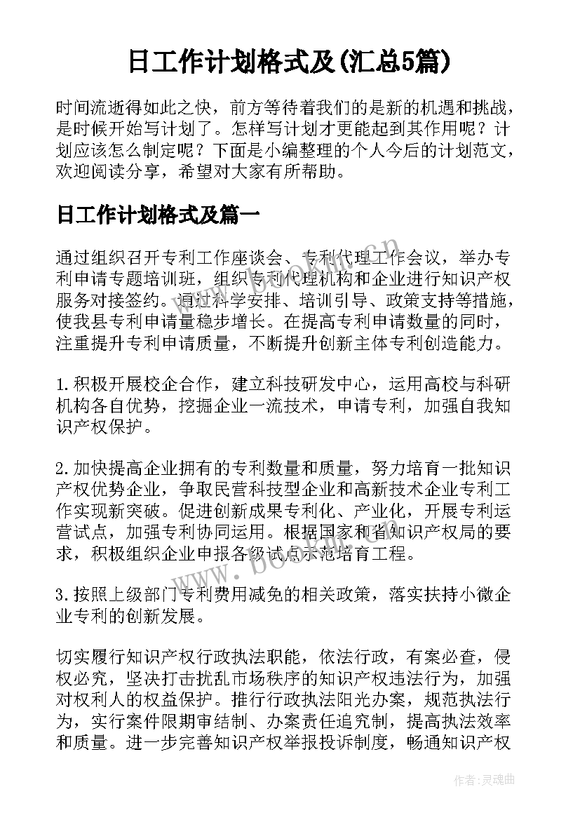 日工作计划格式及(汇总5篇)