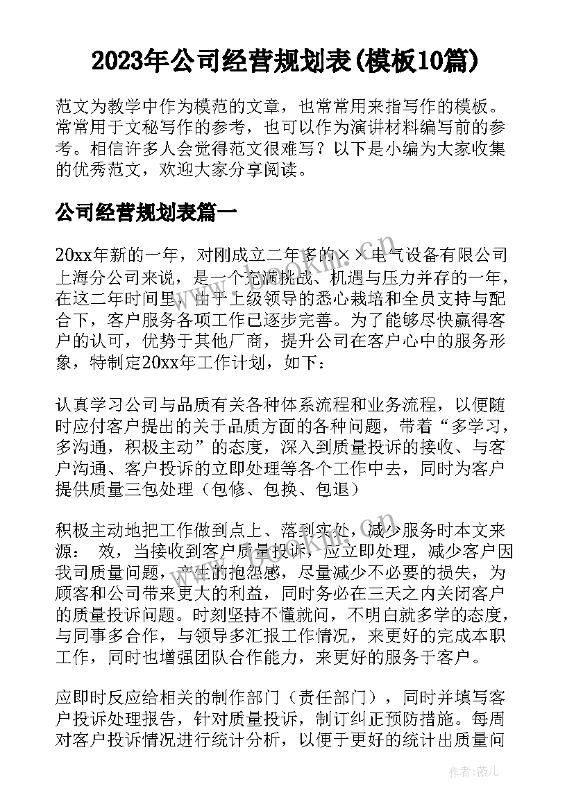 2023年公司经营规划表(模板10篇)