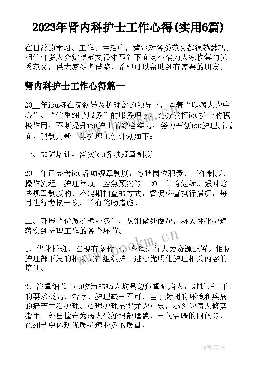 2023年肾内科护士工作心得(实用6篇)