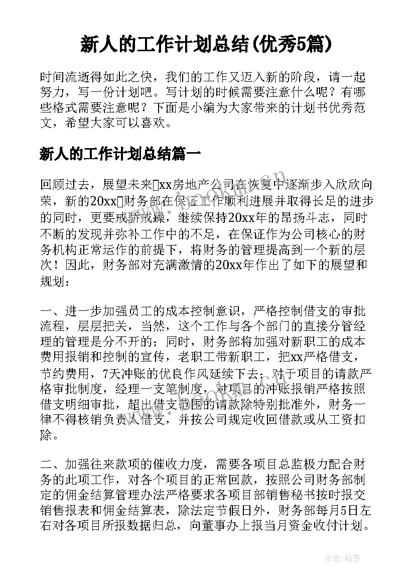 新人的工作计划总结(优秀5篇)