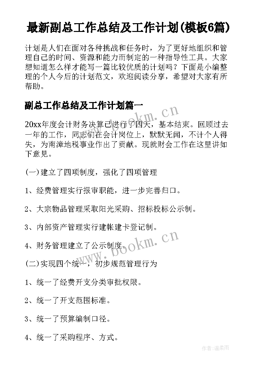 最新副总工作总结及工作计划(模板6篇)