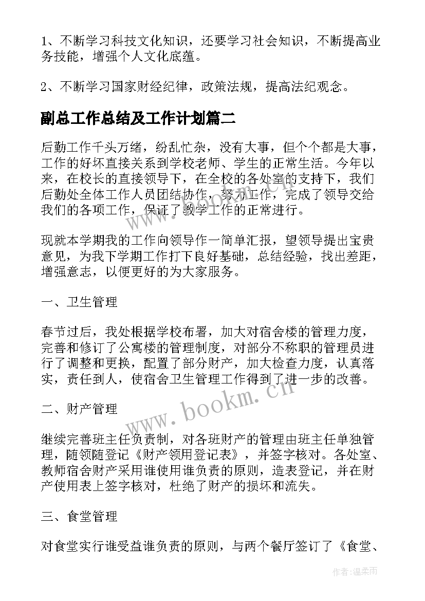 最新副总工作总结及工作计划(模板6篇)