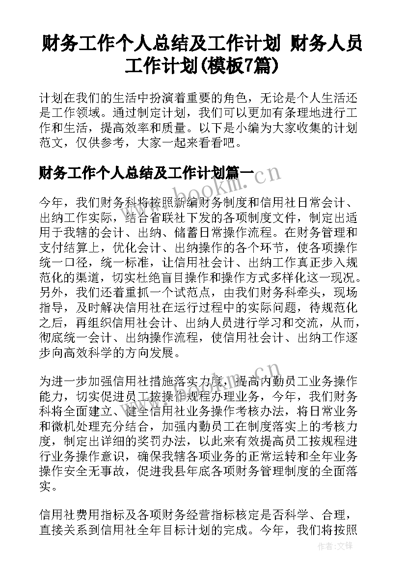 财务工作个人总结及工作计划 财务人员工作计划(模板7篇)