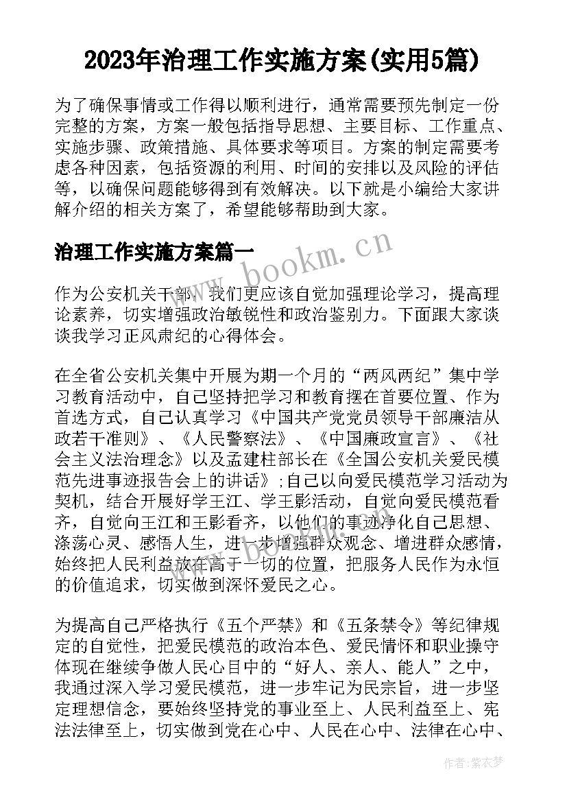 2023年治理工作实施方案(实用5篇)