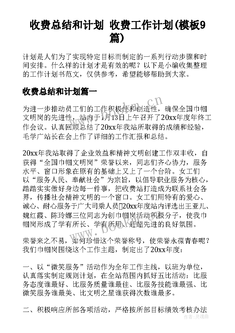 收费总结和计划 收费工作计划(模板9篇)