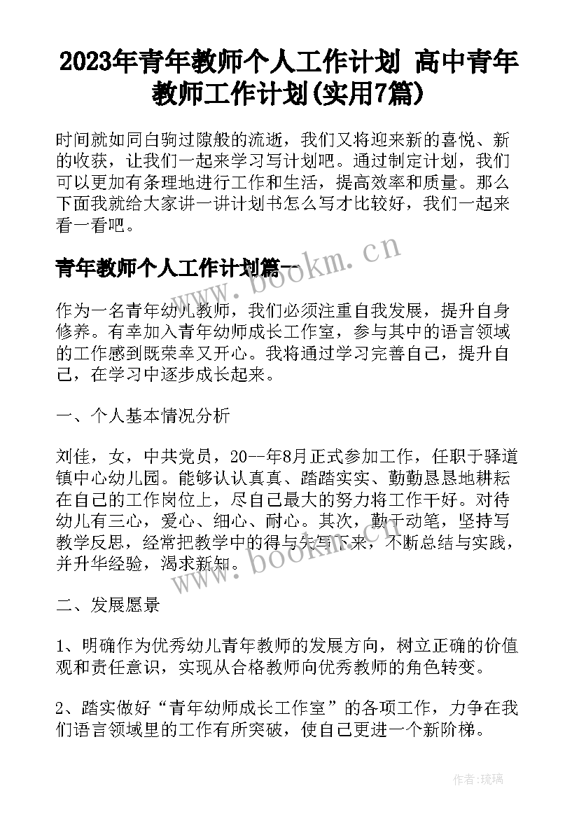 2023年青年教师个人工作计划 高中青年教师工作计划(实用7篇)