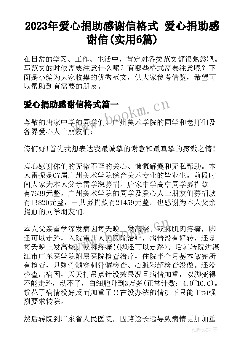 2023年爱心捐助感谢信格式 爱心捐助感谢信(实用6篇)