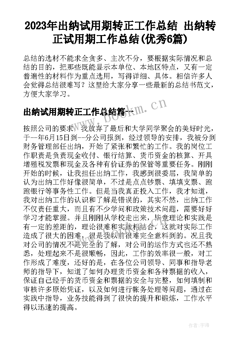 2023年出纳试用期转正工作总结 出纳转正试用期工作总结(优秀6篇)