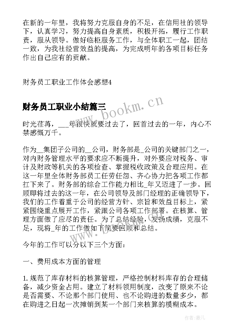 财务员工职业小结 财务员工职业工作体会感想(通用5篇)