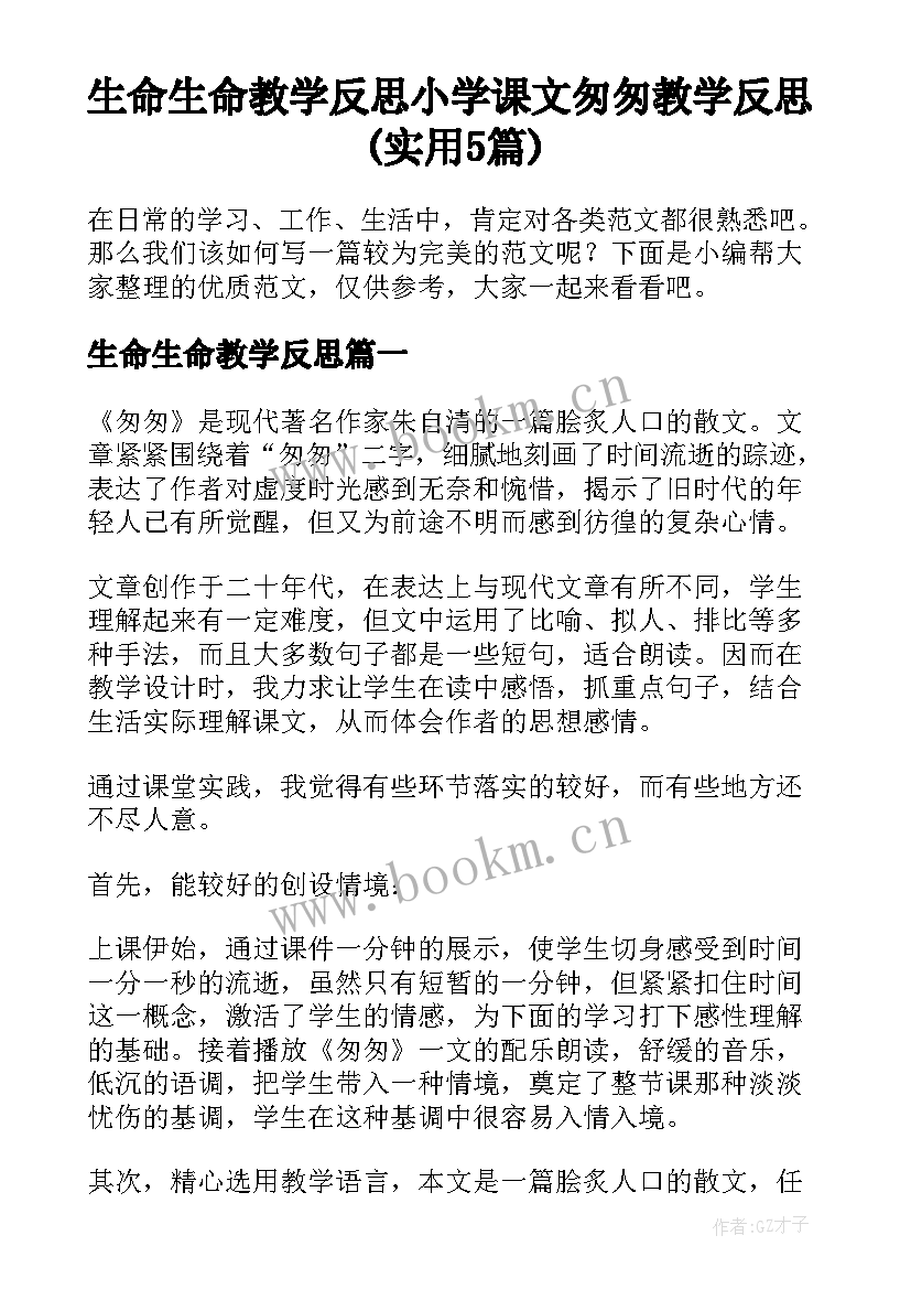 生命生命教学反思 小学课文匆匆教学反思(实用5篇)