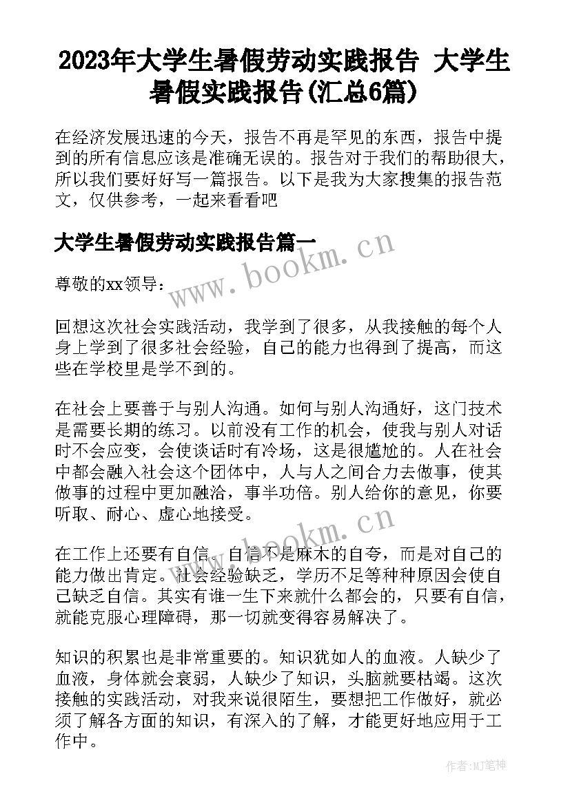 2023年大学生暑假劳动实践报告 大学生暑假实践报告(汇总6篇)