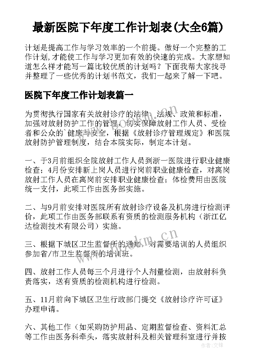 最新医院下年度工作计划表(大全6篇)