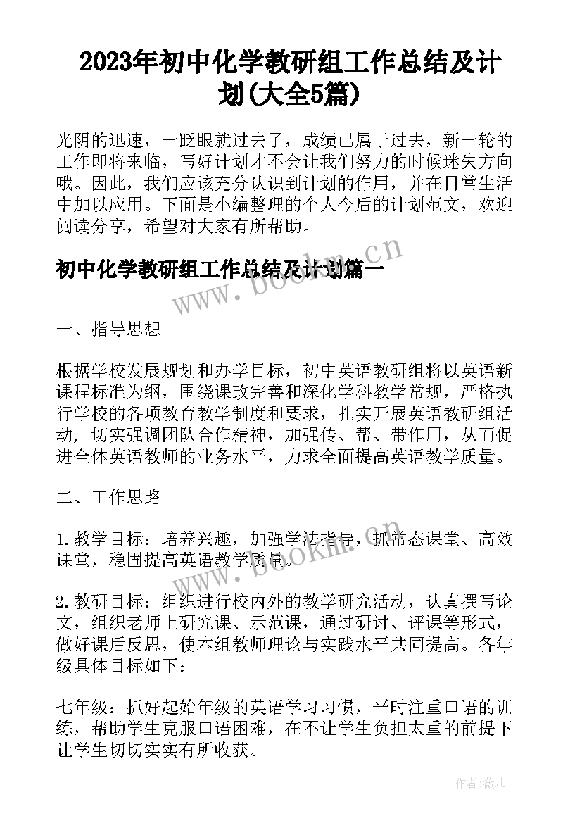 2023年初中化学教研组工作总结及计划(大全5篇)