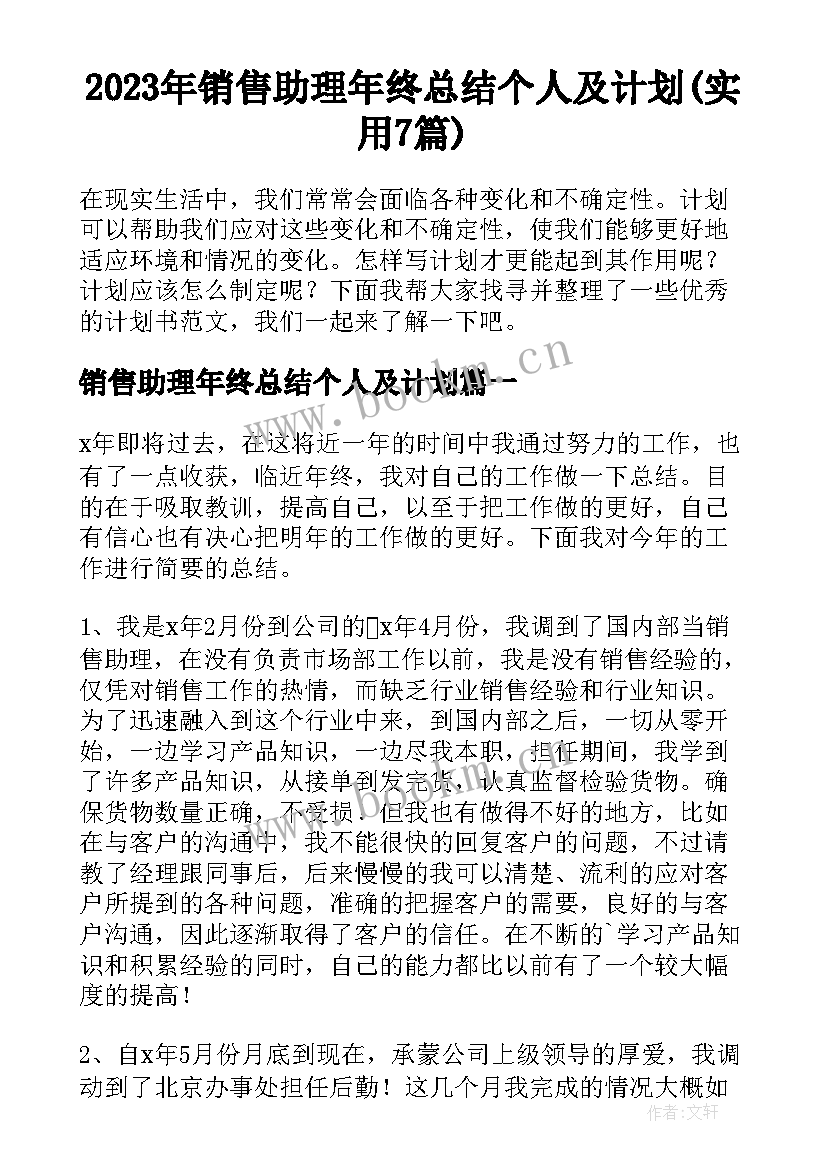 2023年销售助理年终总结个人及计划(实用7篇)