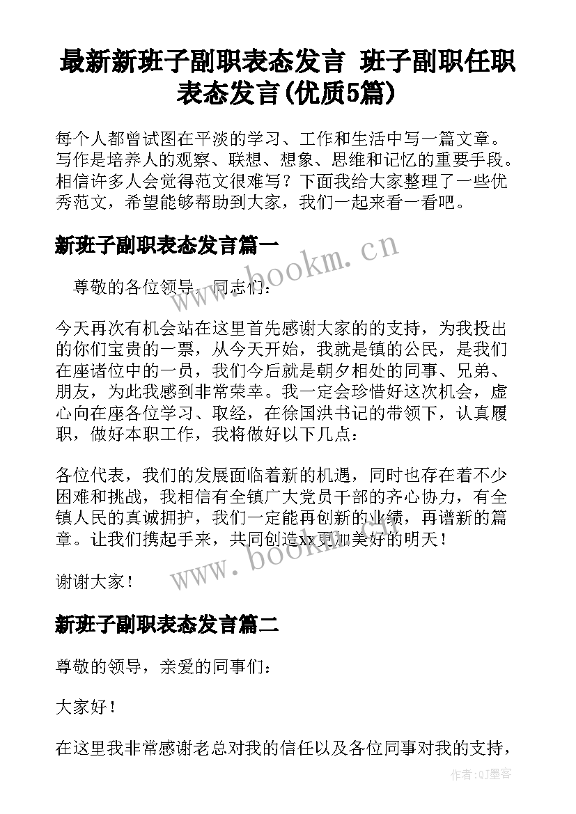 最新新班子副职表态发言 班子副职任职表态发言(优质5篇)