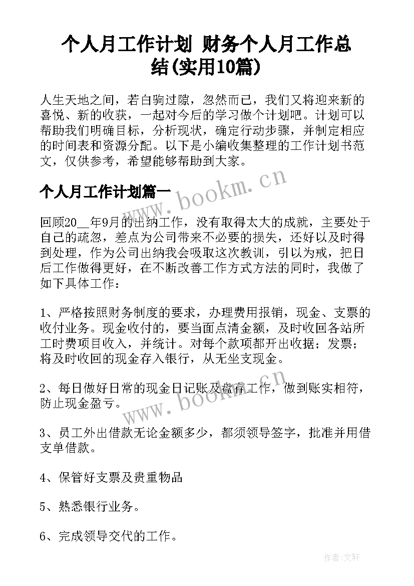 个人月工作计划 财务个人月工作总结(实用10篇)