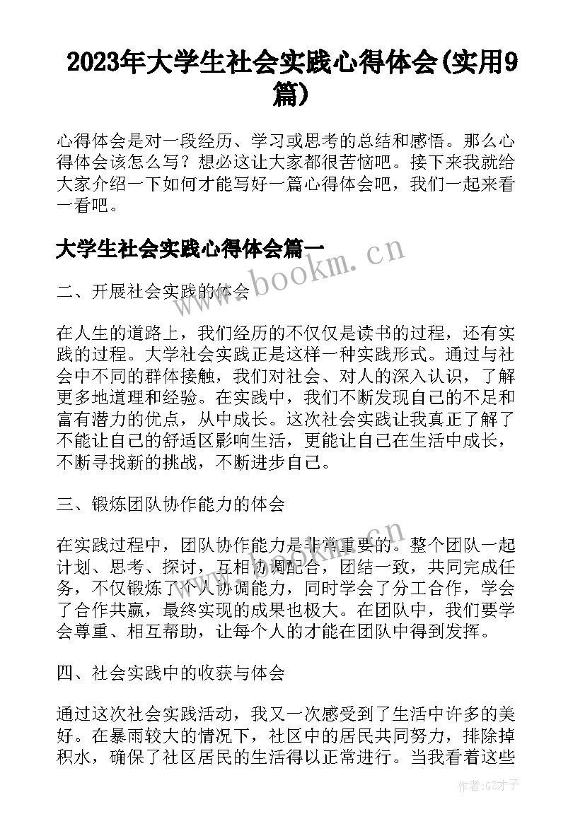 2023年大学生社会实践心得体会(实用9篇)