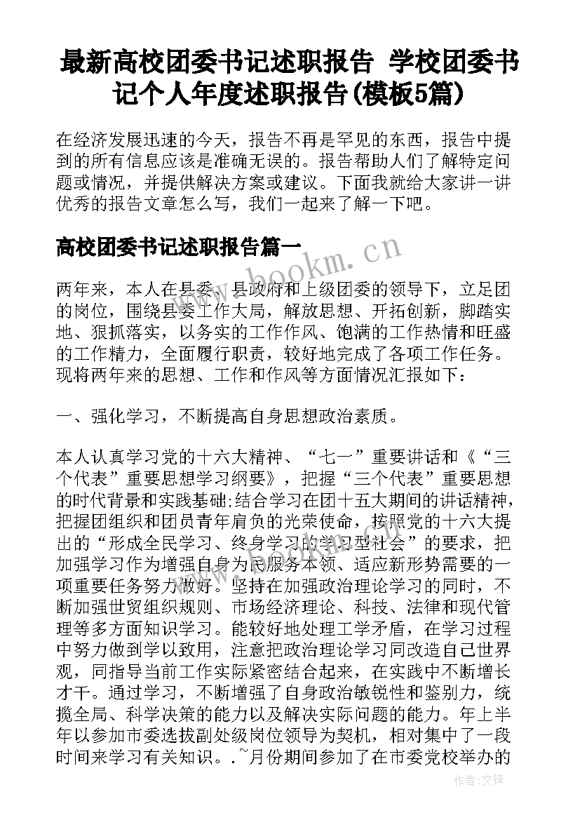 最新高校团委书记述职报告 学校团委书记个人年度述职报告(模板5篇)