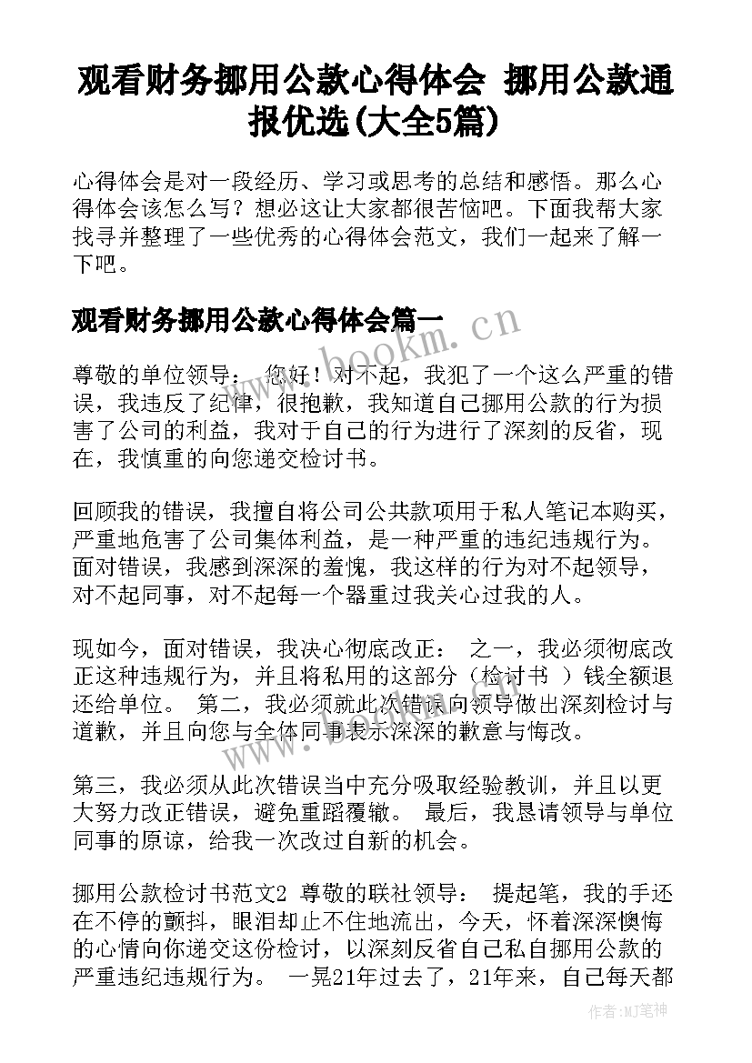 观看财务挪用公款心得体会 挪用公款通报优选(大全5篇)