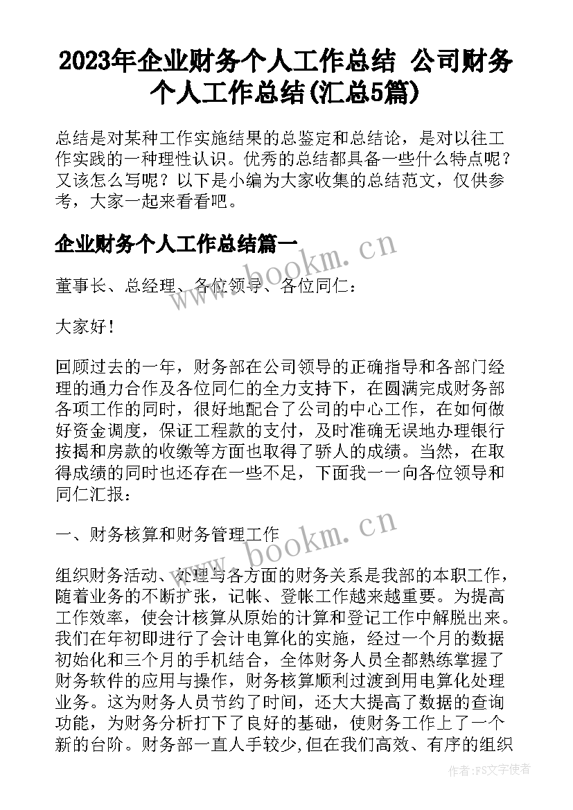 2023年企业财务个人工作总结 公司财务个人工作总结(汇总5篇)