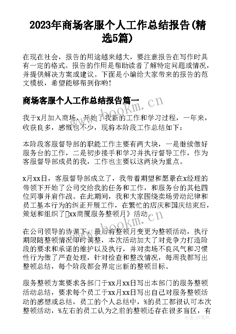 2023年商场客服个人工作总结报告(精选5篇)