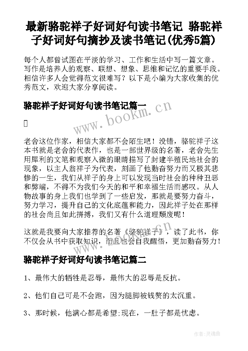 最新骆驼祥子好词好句读书笔记 骆驼祥子好词好句摘抄及读书笔记(优秀5篇)