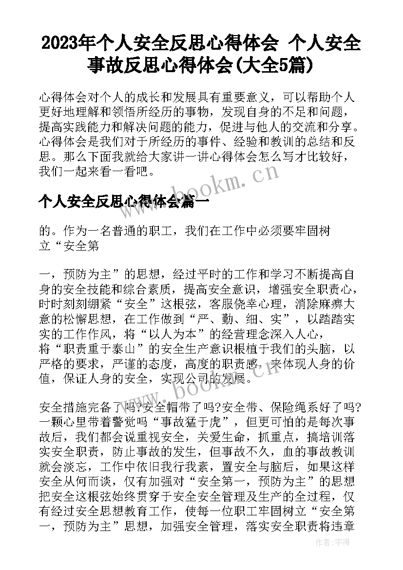 2023年个人安全反思心得体会 个人安全事故反思心得体会(大全5篇)