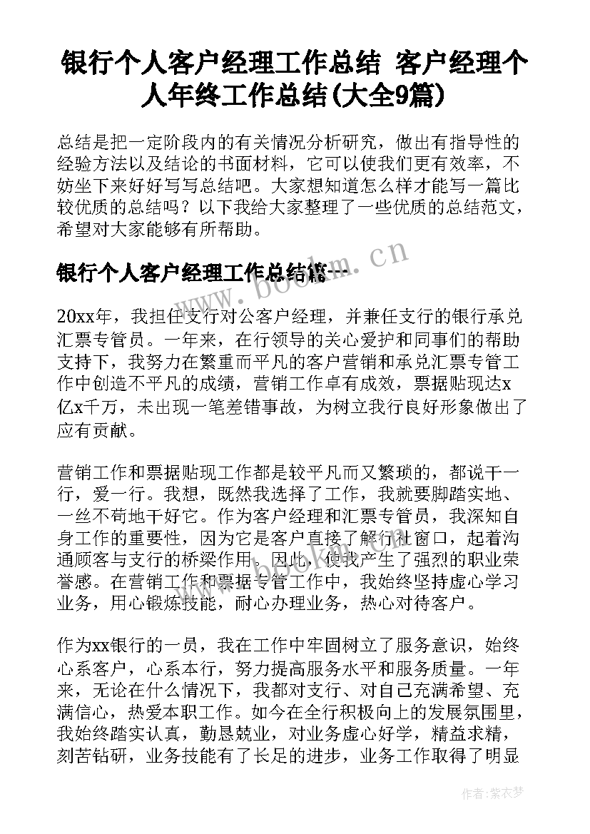 银行个人客户经理工作总结 客户经理个人年终工作总结(大全9篇)