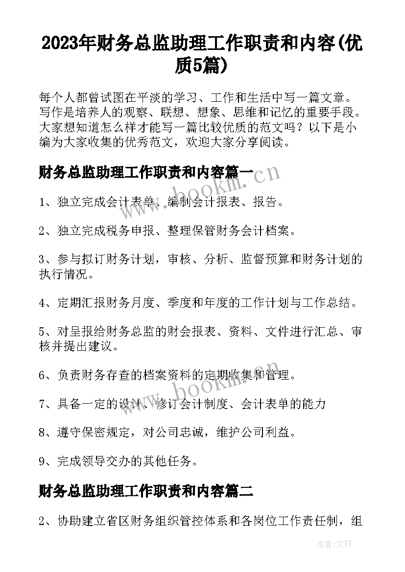 2023年财务总监助理工作职责和内容(优质5篇)