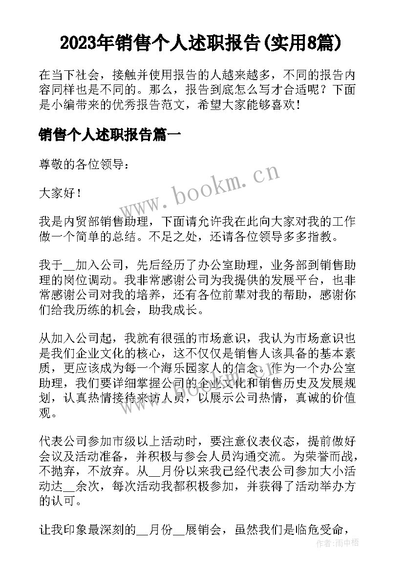 2023年销售个人述职报告(实用8篇)