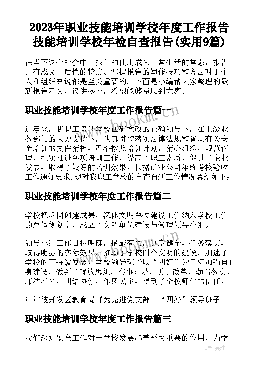 2023年职业技能培训学校年度工作报告 技能培训学校年检自查报告(实用9篇)