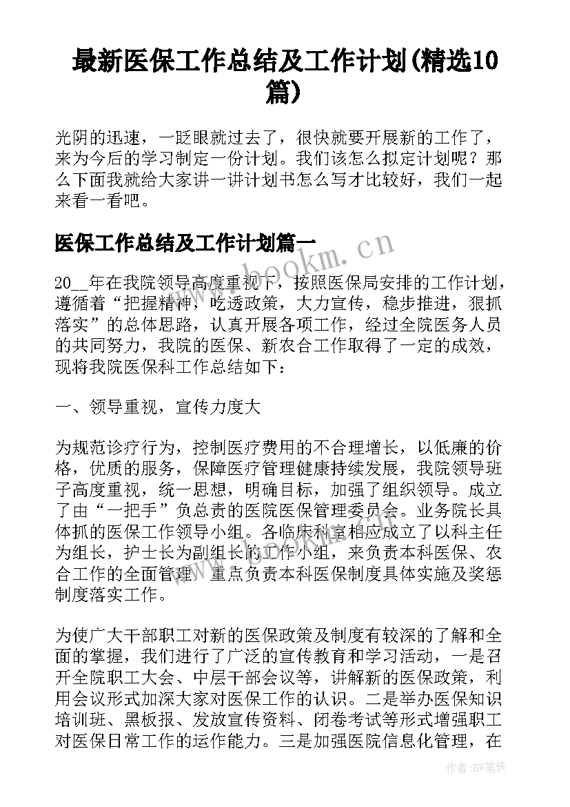 最新医保工作总结及工作计划(精选10篇)