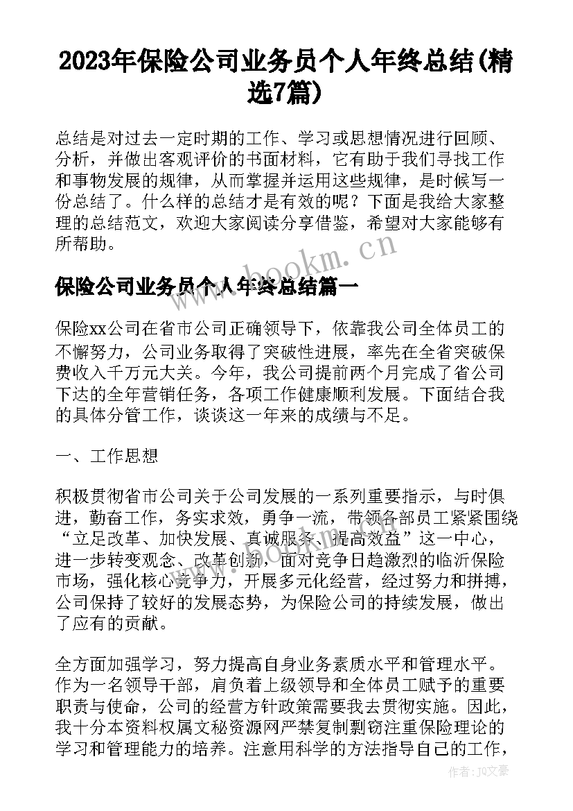 2023年保险公司业务员个人年终总结(精选7篇)