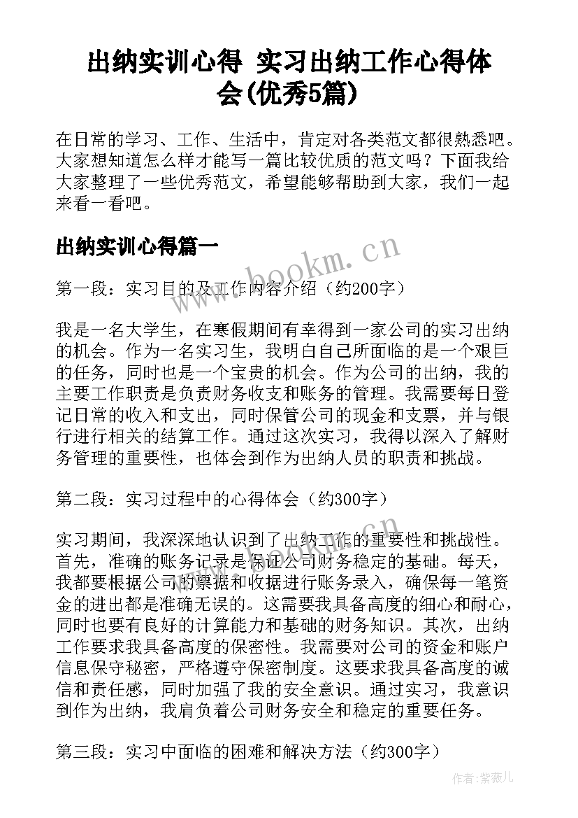 出纳实训心得 实习出纳工作心得体会(优秀5篇)