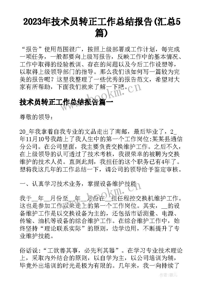 2023年技术员转正工作总结报告(汇总5篇)