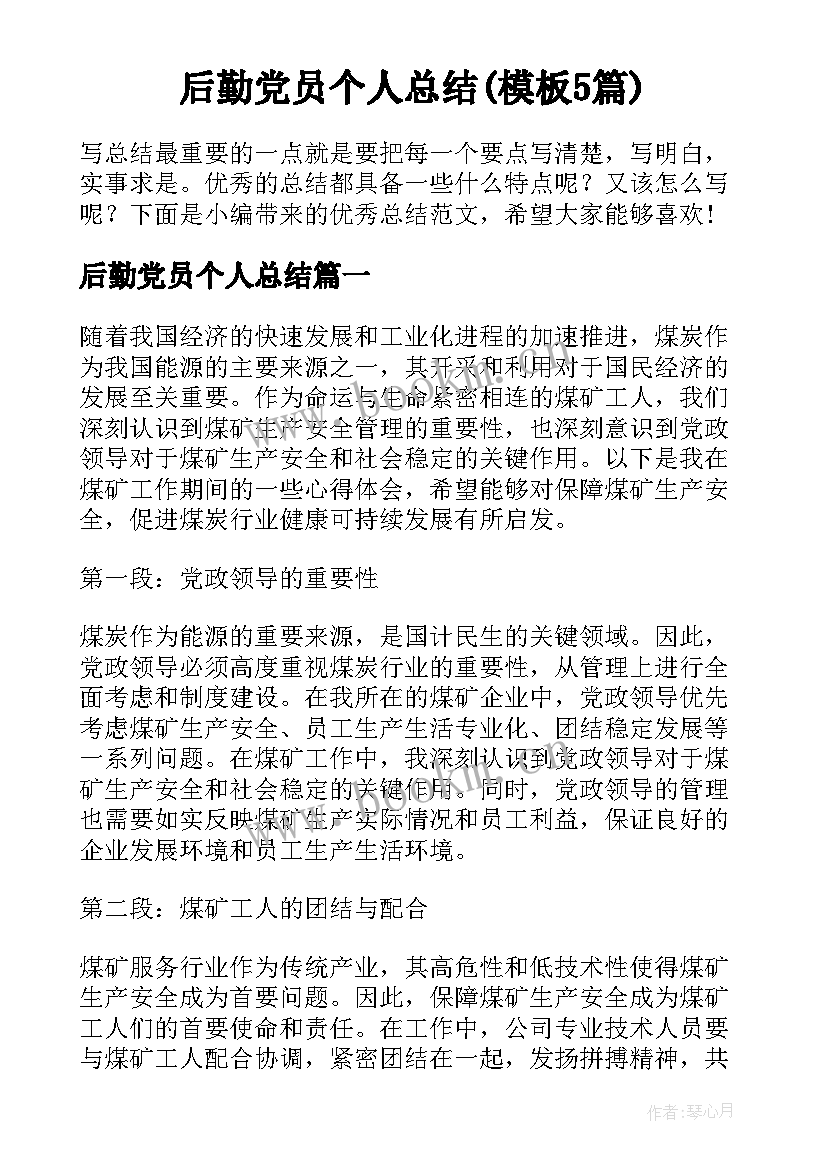 后勤党员个人总结(模板5篇)