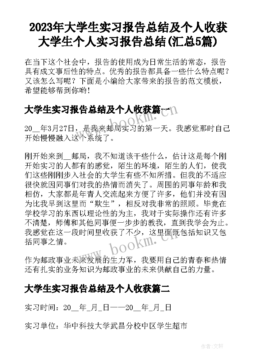 2023年大学生实习报告总结及个人收获 大学生个人实习报告总结(汇总5篇)