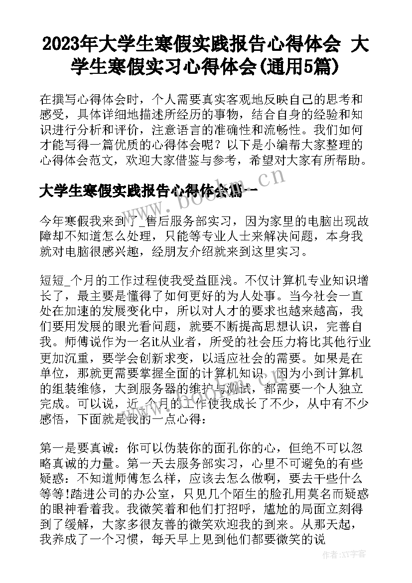 2023年大学生寒假实践报告心得体会 大学生寒假实习心得体会(通用5篇)